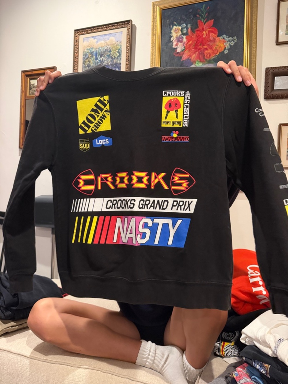 Crooks & Castles Black Crewneck with Multicolor Racing Graphics